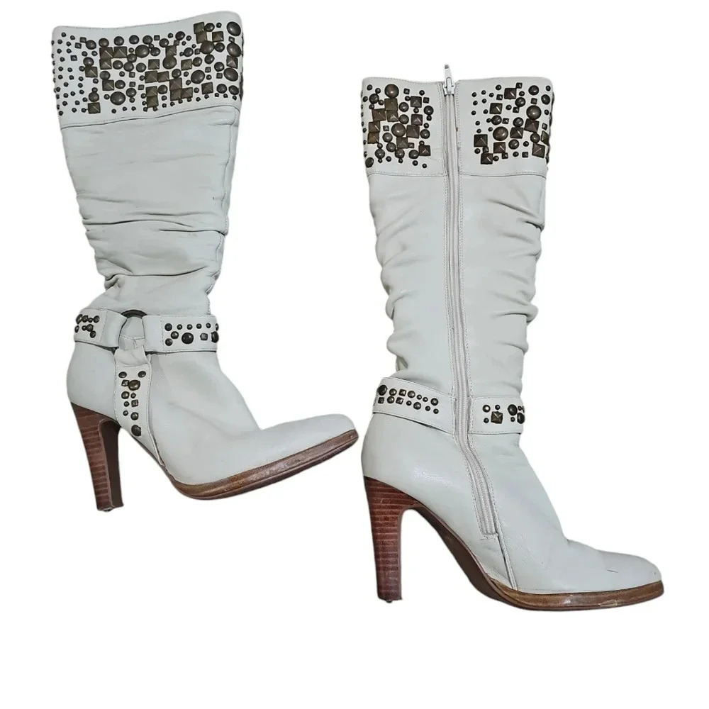 Colin Stuart Womens 6.5 Studded White Faux Leather Tall Heel Boots Archival Y2K - Picture 3 of 7